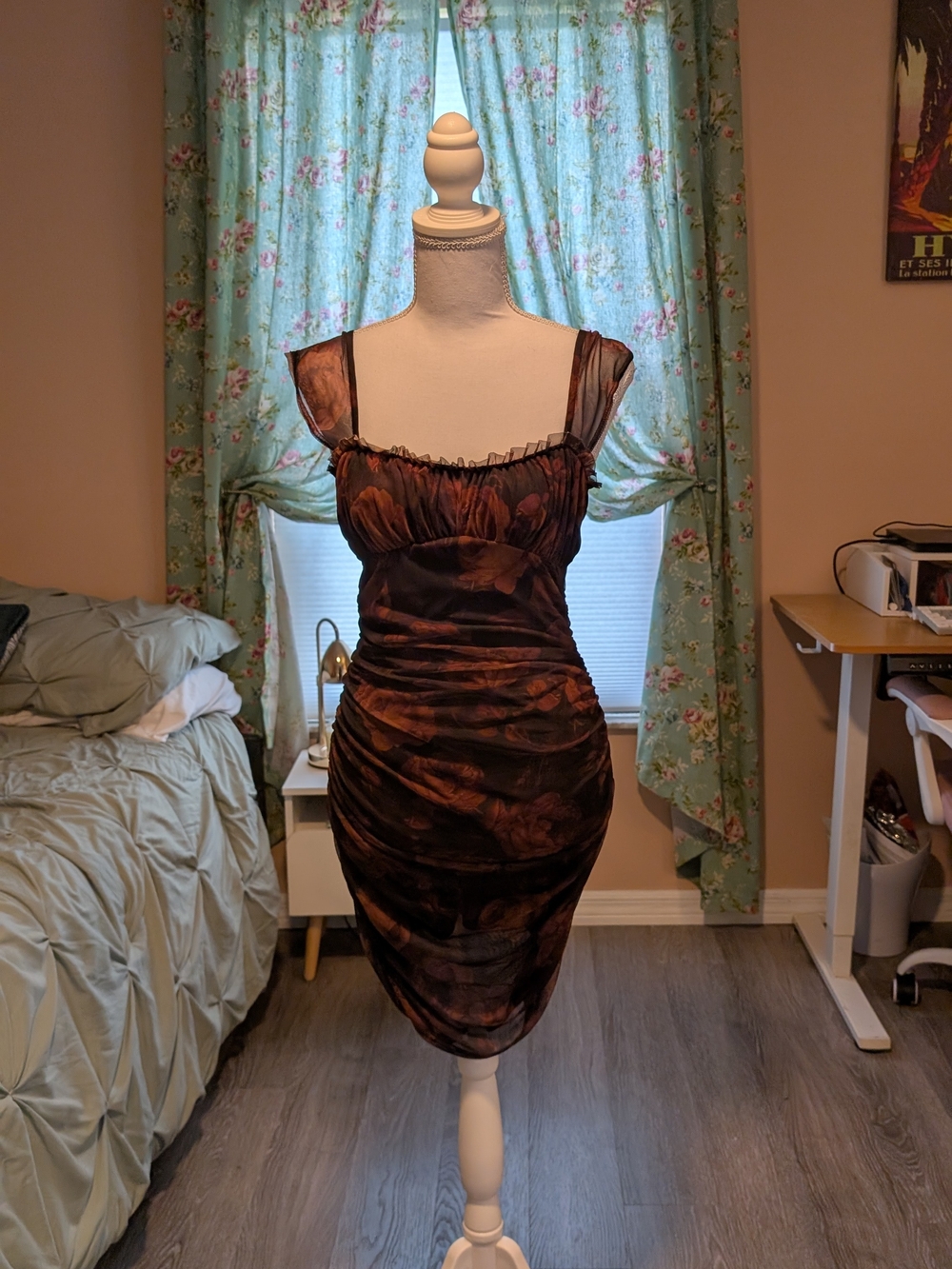 Nasty Gal Brown Ruched Sheer-Trim Midi Dress - Women